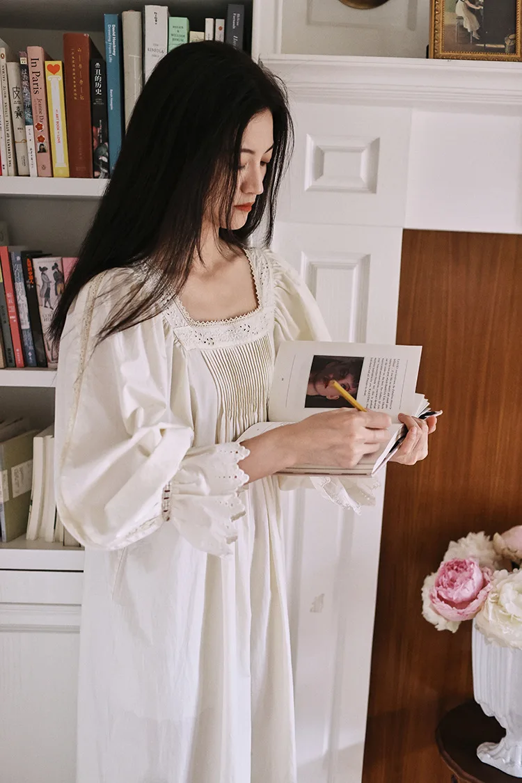 Vintage Soft Cotton Beige Long Nightgowns For Women Long Sleeve Elegant Nightshirts Comfortable Loose Sweet Night Dress 2 Saaa01bce7aaf411e98c1097e032333c1B