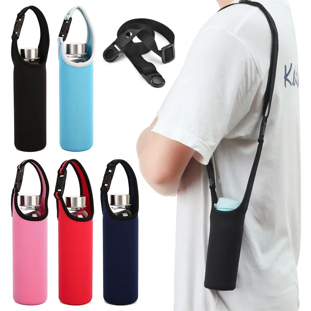 

Hot Adjustable Water Bottle Cover Bag With Straps Neoprene Water Pouch Holder Shoulder Strap Black Bottle Carrier Insulat Bag