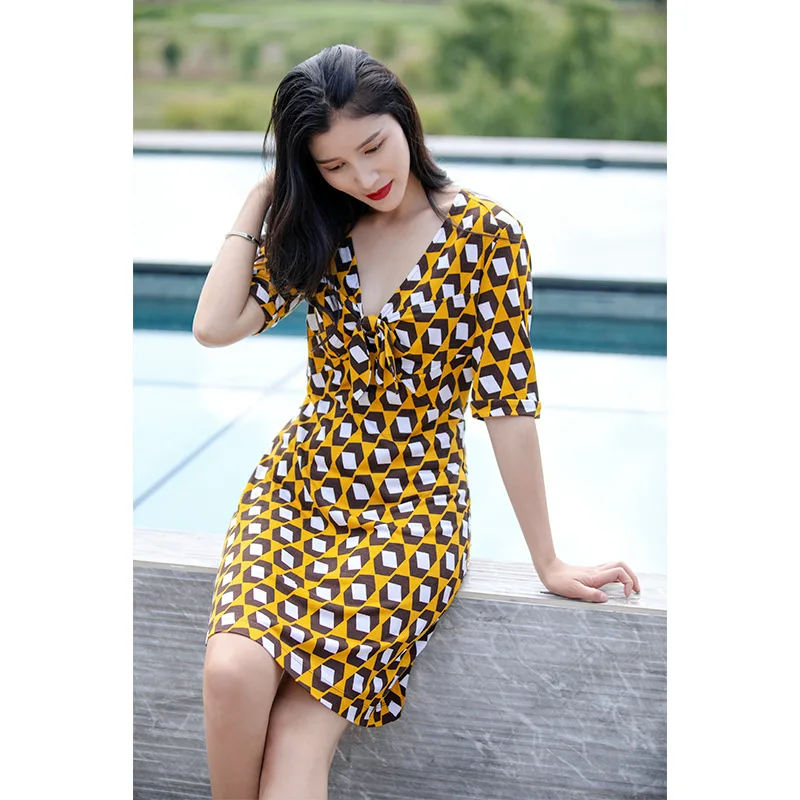 

203 pring/ummer New Ruffle Lace Up Geometric Print Wrap Up kirt One Piece hort leeve ress