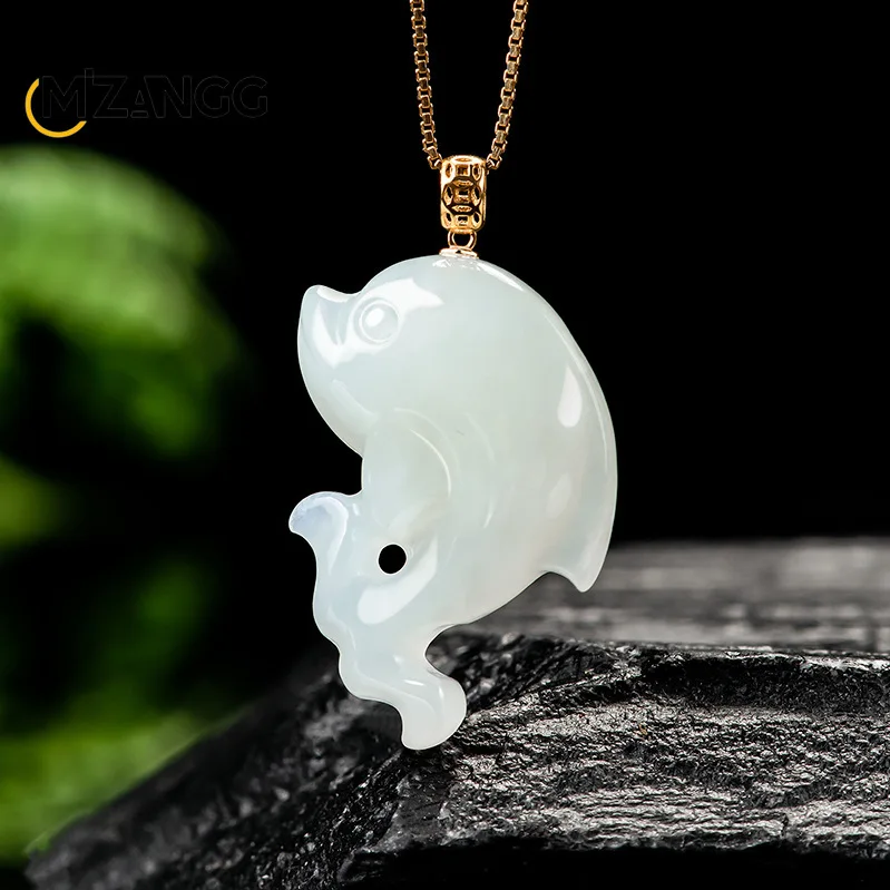 

Authentic Natural Hetian Jade Dolphin Pendant 18K Gold Inset Jade Necklace Exquisite Luxury Men and Women Jewelry Holiday Gift