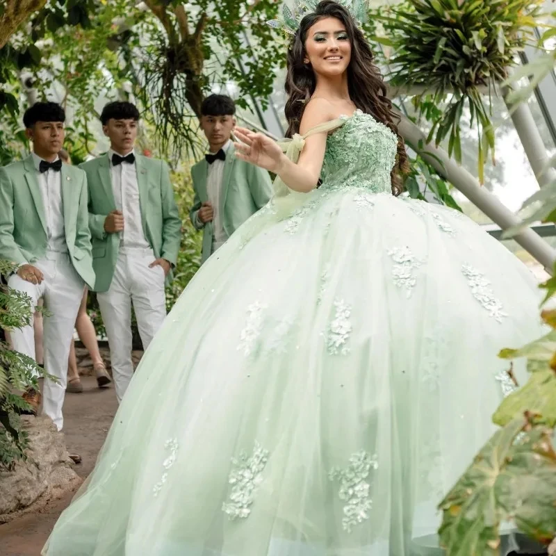 

ANGELSBRIDEP Sage Green Quinceanera Dresses Off-Shoulder Beading Flower Lace Vestidos De 15 Anos Birthday Party Prom