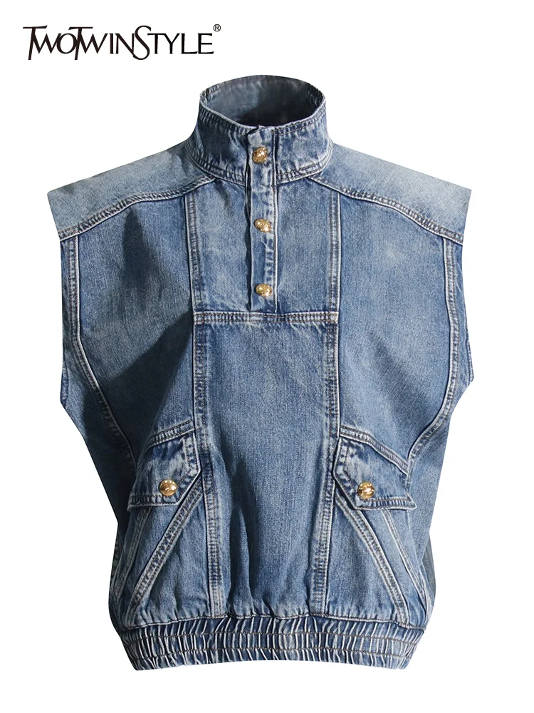 TWOTWINSTYLE Spliced Pocket Casual Waistcoats For Women Lapel Sleeveless Patchwork Single Breasted Denim Jacket Female Fashion
TWOTWINSTYLE Spliced Pocket Casual Waistcoats For Women Lapel Sleeveless Patchwork Single Breasted Denim Jacket Female Fashion