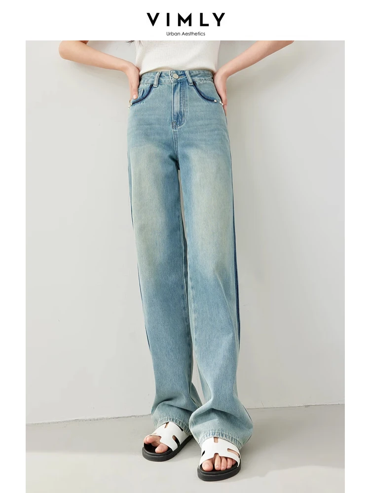 

Vimly High Waist Baggy Jeans Women 2024 Spring Summer Straight Wide Leg Contrast Full Length Denim Pant Woman Clothing 16597