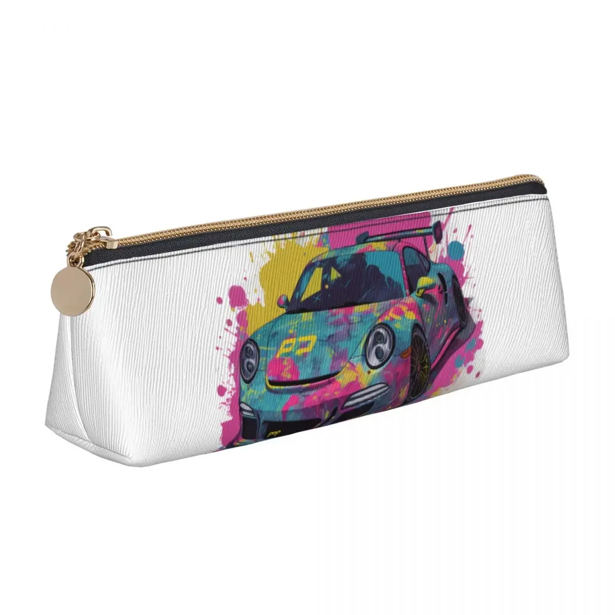 

Classic Sports Car Leather Pencil Case Psychadelic Grafitti Cute Zipper Pencil Box College Teenager Triangle Pen Bag