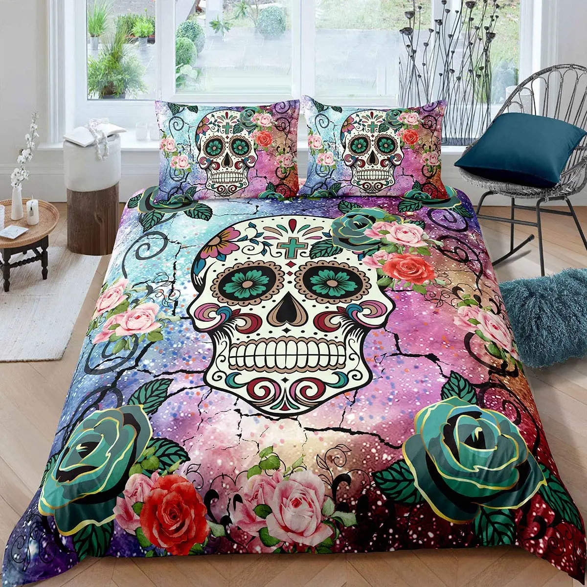 

Sugar Skull Duvet Cover Teen Girl Sugar Skull Decor Skull Bones Skeleton Roses Floral Print Duvet Cover for Bedroom Decorations