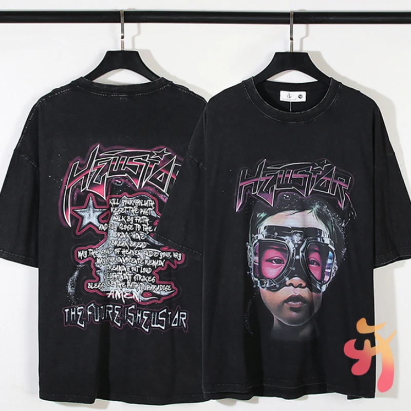 

Винтажная хлопковая футболка для мужчин и женщин, промытая черная уличная одежда с принтом в виде Алла и звезд, с коротким рукавом, с принтом пламени и Eyed Girl