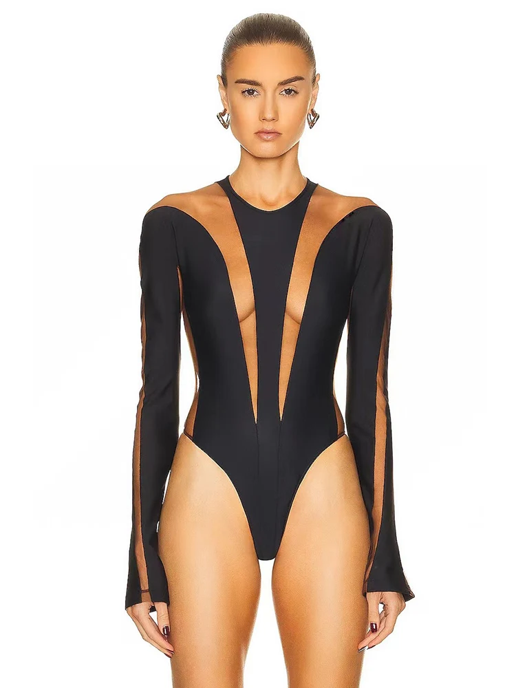 

Heavy process splicing mesh sexy perspective long sleeve jumpsuit 2024 spring women's new fashion luxury stretch leotard