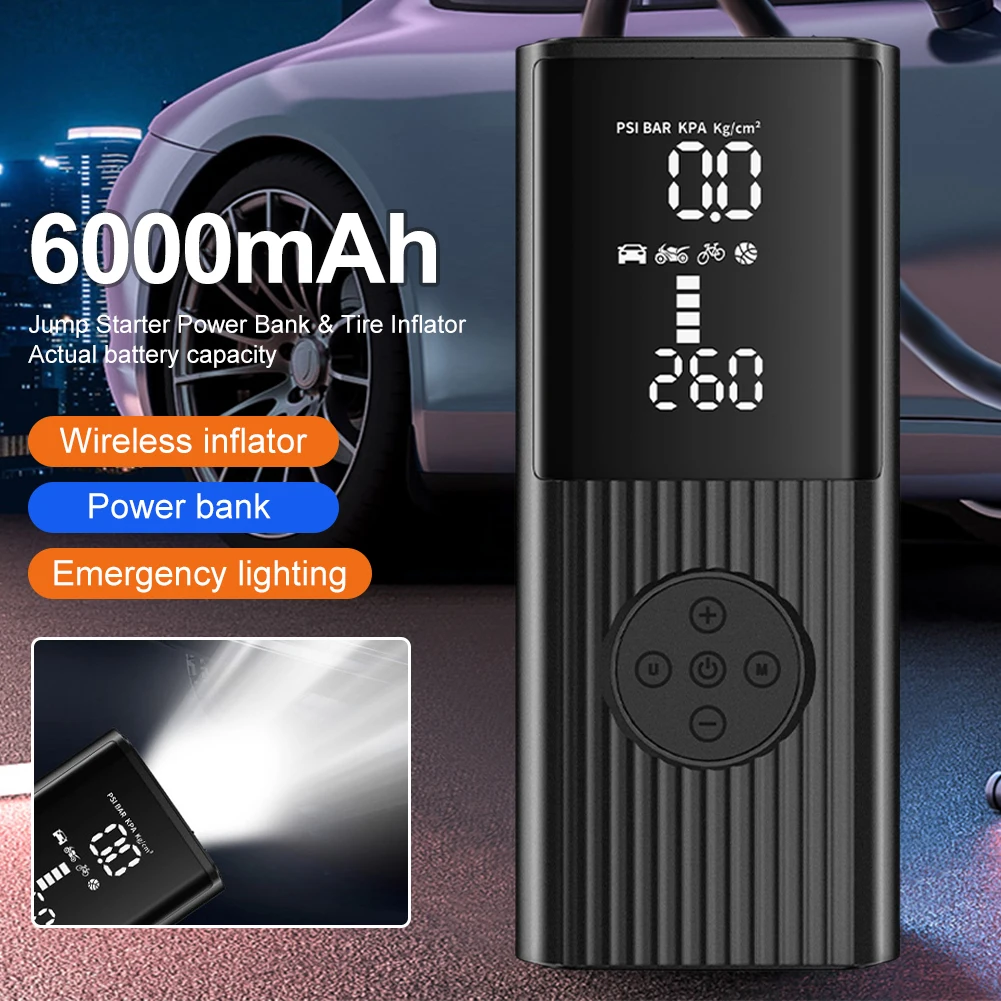 Wireless Car Tire Inflator 6000mAh Portable Air Compressor Power Bank Rechargeable Air Pump Car Tyre Inflator For Motor Bicycle
Wireless Car Tire Inflator 6000mAh Portable Air Compressor Power Bank Rechargeable Air Pump Car Tyre Inflator For Motor Bicycle