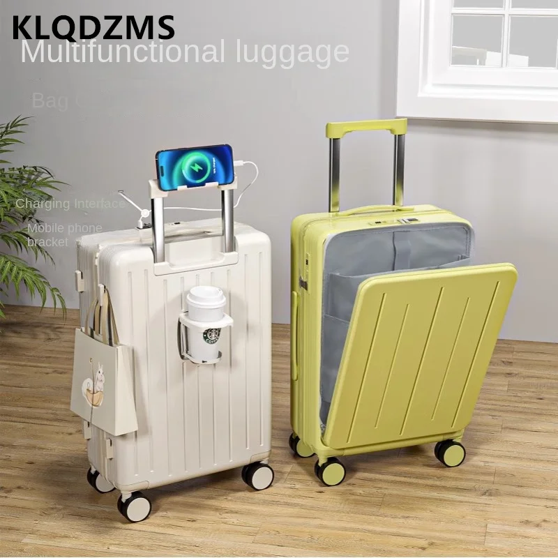 

KLQDZMS Luggage on Wheels Front Opening Laptop Boarding Case USB Charging Trolley Case 20"24"26 Inch Handheld Travel Suitcase