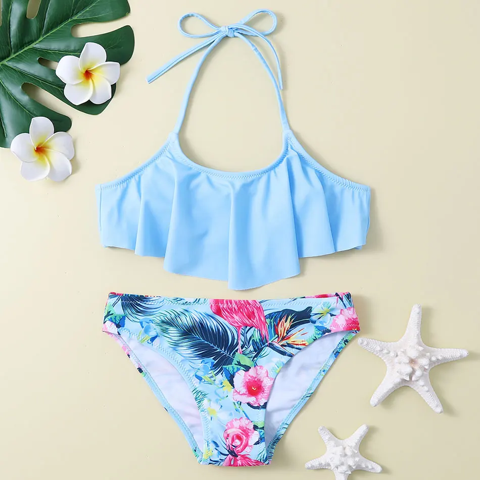 

Ruffle Hem Girl Swimsuit Kids Halter Top Bikini Set Flamingo&Tropical Print Children's Swimwear 7-14Years Bathing Suit Beachwear