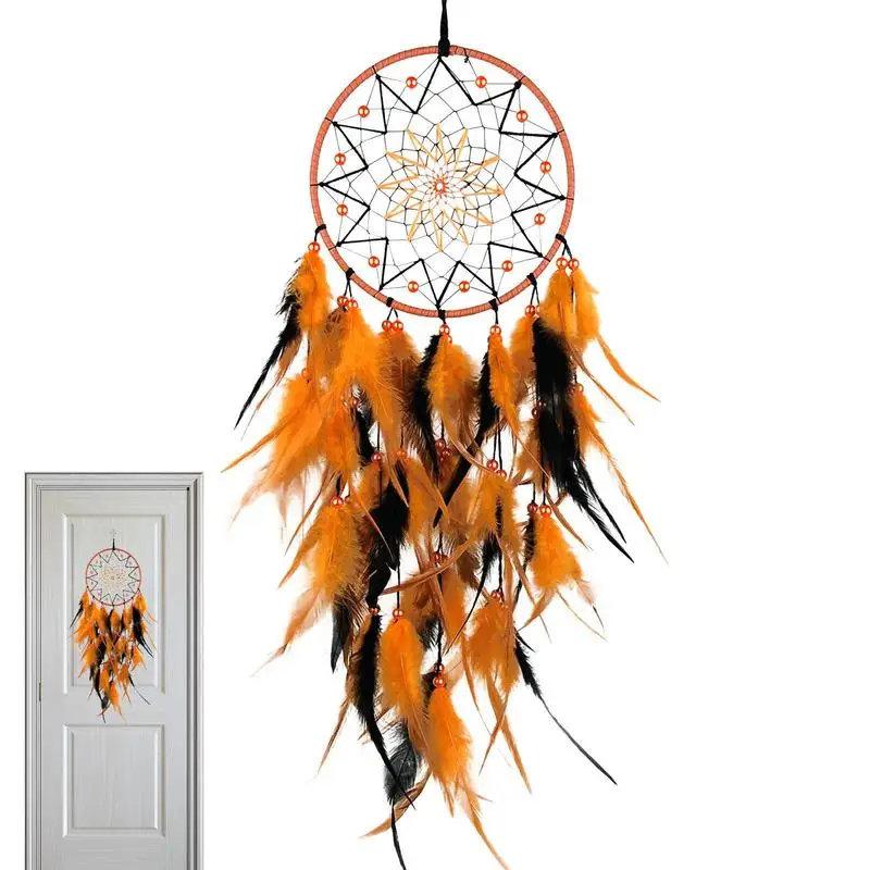 

Dream Catcher With Feathers Boho Traditional Circular Net Wall Art Ornament Craft Dreamcatcher With Orange Pearls Bedroom Dorm