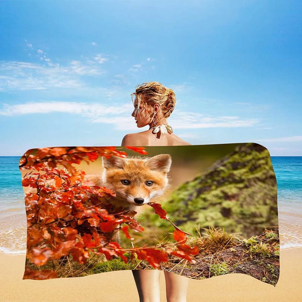 

Animal Fox Microfiber Beach Towel Autumn Forest Maple Leaf Bathroom Towel Women Kids Gifts Quick Dry Travel Home Decor Camping