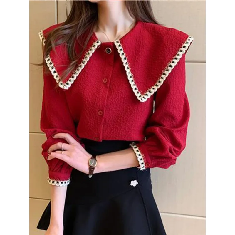 Elegant Fashion Temperament Single Breasted Long Sleeve Shirt New Summer Autumn Peter Pan Collar Women's Clothing Cardigans N97 
Elegant Fashion Temperament Single Breasted Long Sleeve Shirt New Summer Autumn Peter Pan Collar Women's Clothing Cardigans N97