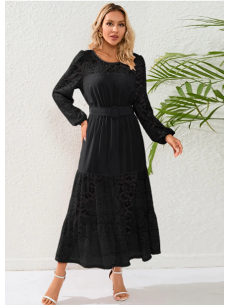 

Women's Plus Size Lace a-Line Pleated Dress Party Club Elegant and Pretty O-Neck Vintage Casual Wedding Guest with Belt Dresses