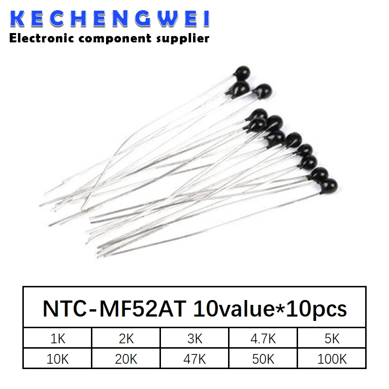 

100pcs=10value*10pcs NTC Thermistor Resistor Kit NTC-MF52AT 1K 2K 3K 4.7K 5K 10K 20K 47K 50K 100K +-5% 3950B