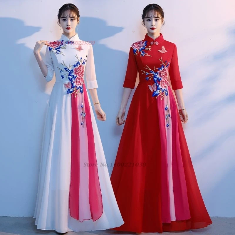 

2024 traditional chinese a-line dress improved qipao national flower embroidery stage cheongsam banquet evening dress vestido