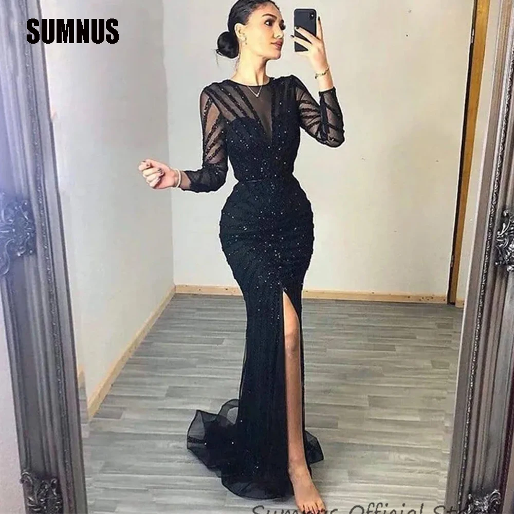 

SUMNUS Sexy Arabic Mermaid Evening Dresses Long Luxury Beading Dubai Side Split Long Sleeve Sequined Formal Evening Party Dress