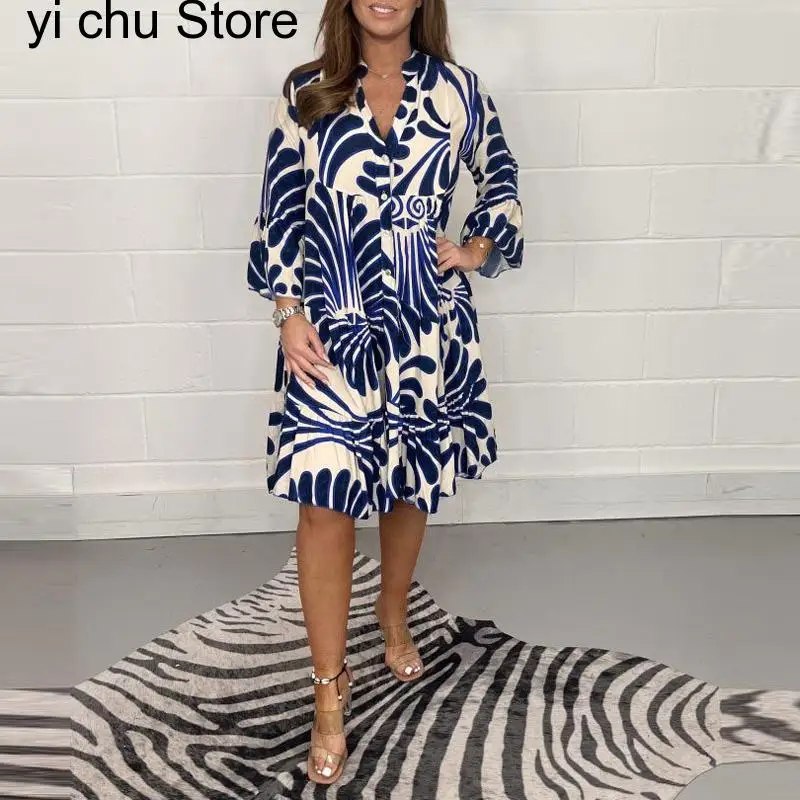 Summer V Neck 3/4 Sleeve Print Party Dress Fashion Women Casual Office Dress Elegant Single Breasted Geometry Pattern Dress
Summer V Neck 3/4 Sleeve Print Party Dress Fashion Women Casual Office Dress Elegant Single Breasted Geometry Pattern Dress