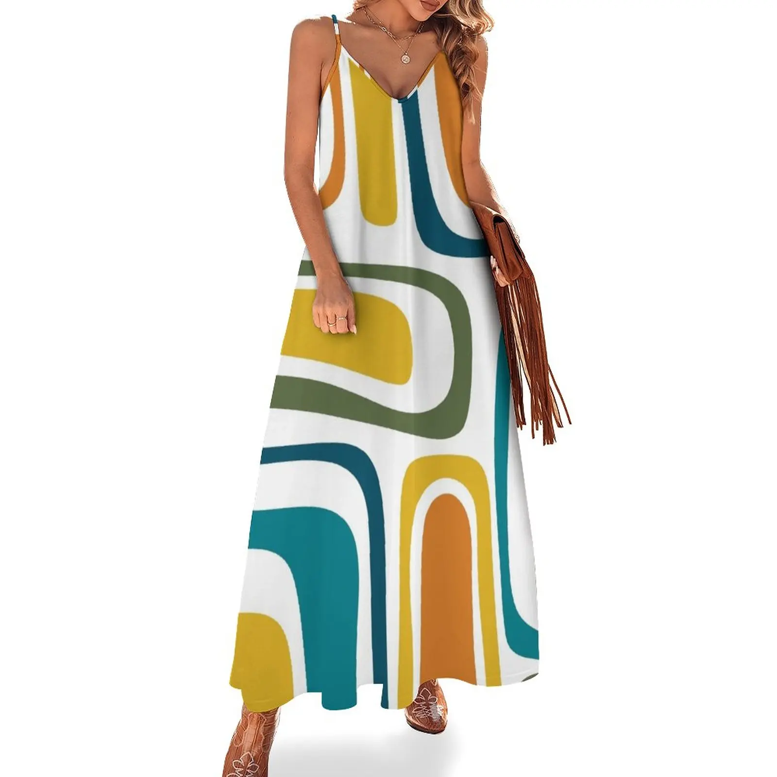 

Palm Springs Retro Midcentury Modern Abstract Pattern in Moroccan Teal, Mustard, Orange, Olive and White Sleeveless Dress