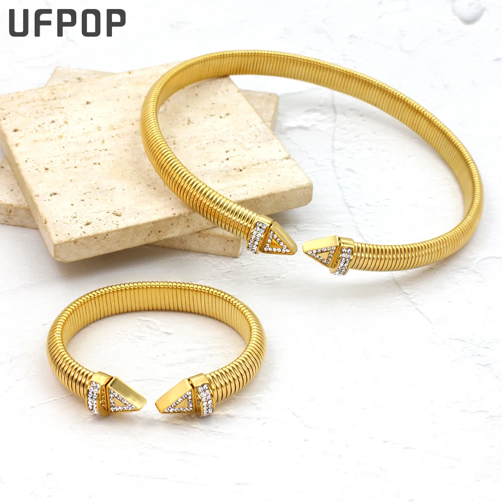 

Trendy High Quality 18k Gold Plated Stainless Steel Cuff Jewelry Set Charm Full CZ Arrows Design Women Bijoux Daily Wear