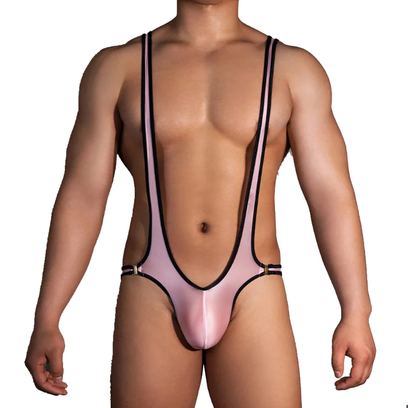 

Sexy Mens Glossy Jockstrap Bodysuit Side Removeable Bulge Pouch Jumpsuit Ultra Thin Suspender Leotard One-piece Lingerie Pajamas