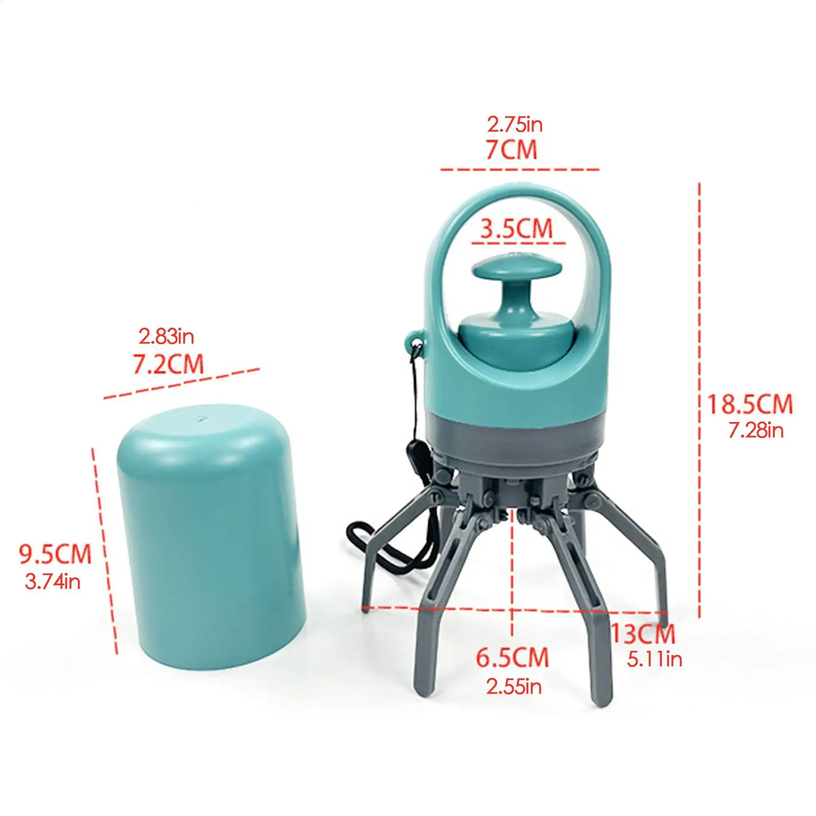 Dog Poop Scooper | Dog Waste Picker A technical diagram showing the dimensions of the pet scooper in both centimeters and inches. The total height is 18.5cm (7.28in), the claw width is 13cm (5.11in), and the protective cover is 9.5cm (3.74in) tall.