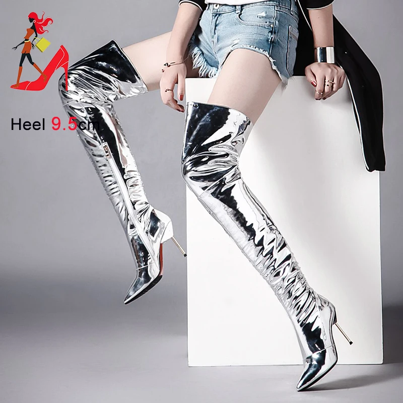 

Pointed Toe Thigh High Boots Fashion Women Stage Show Shoes Autumn Winter Warm Stiletto Heels Ladies Silvery Over The Knee Boots