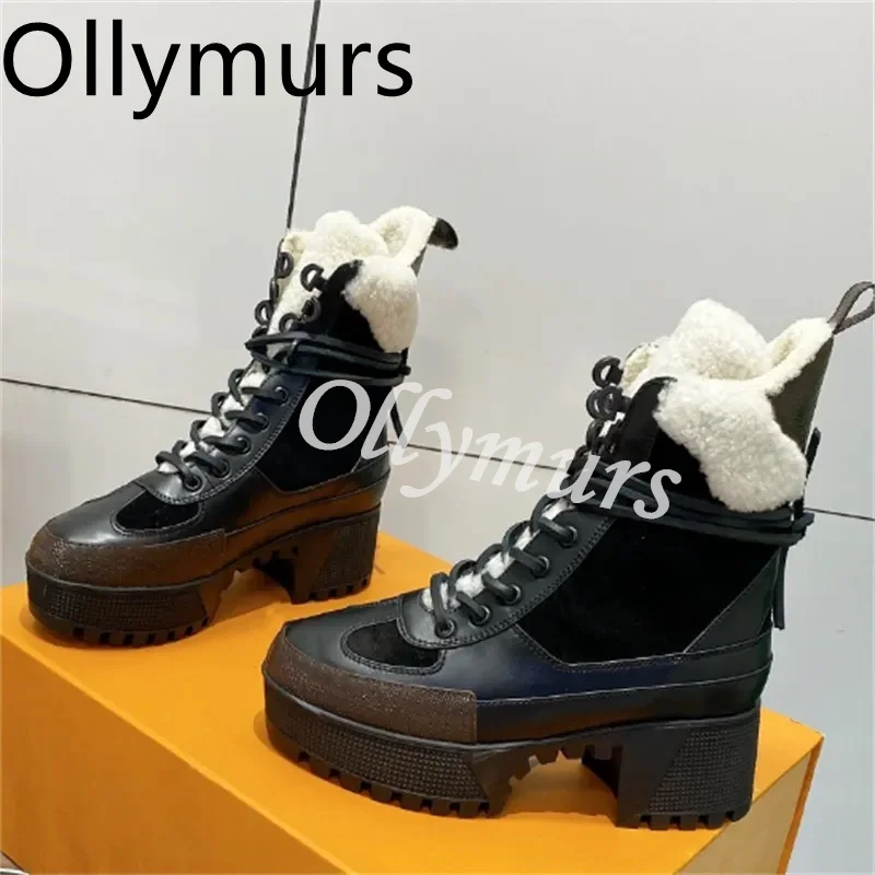 

Ladies Shoes New Arrival Real Leather Sheep Fur Inside Warm Boots Platform Lace Up Snow Boots Moto Shoes Women