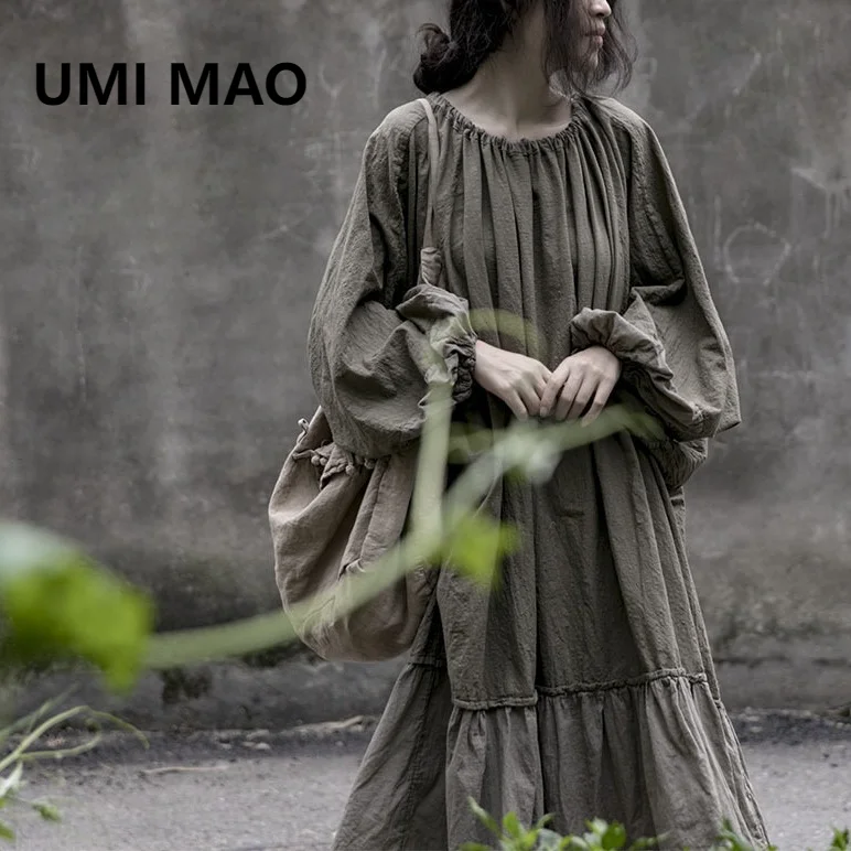 

UMI MAO Spring Autumn Dress Elegant Harajuku Lantern Sleeves Loose Slim Colored Robe Cotton Hemp Art Drawstring Neck Dress
