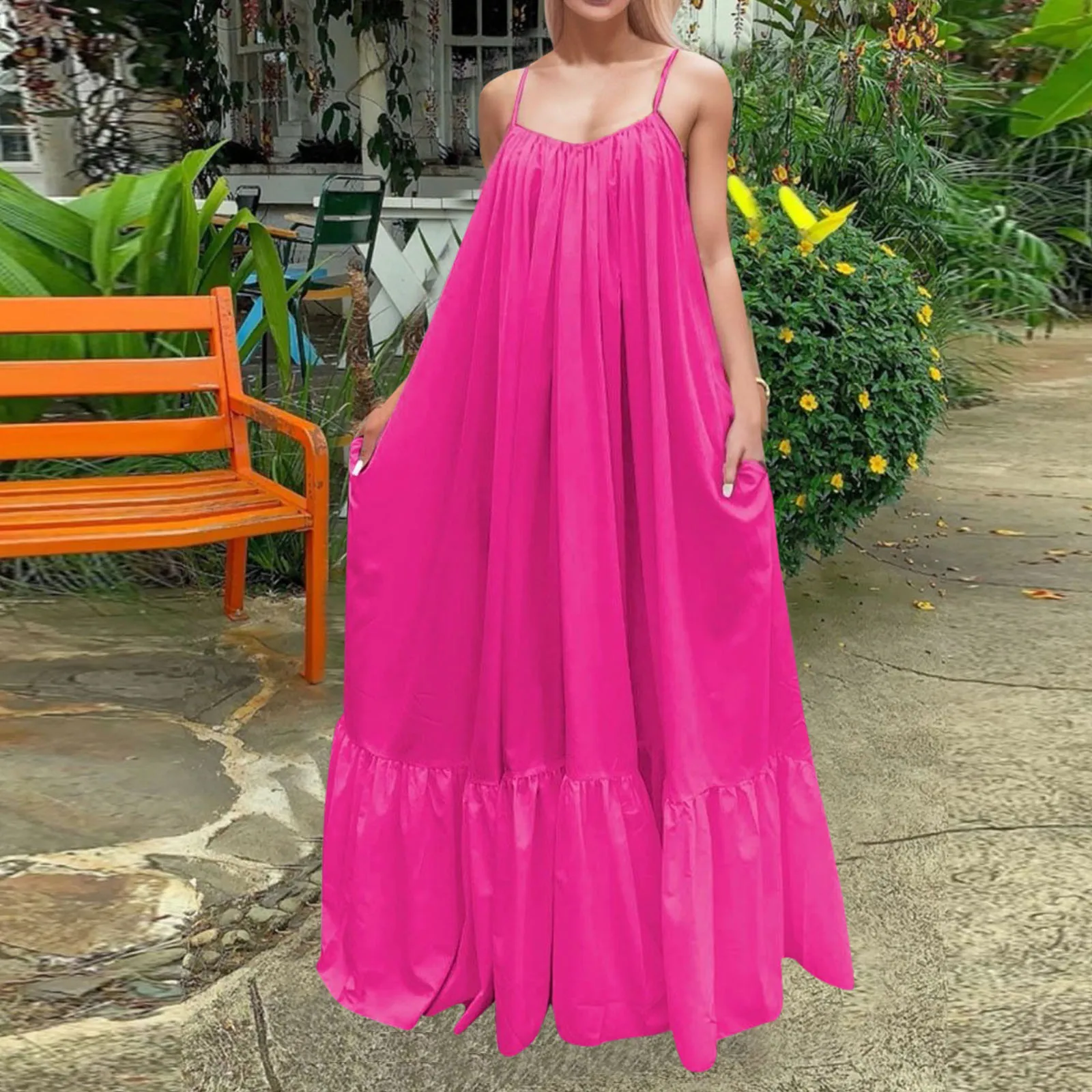 

Large Size Summer Dress Vestido Women Sexy Sleeveless Ruffled Maxi Long Dress Casual Loose Pleated Beach Big Swing Sundress Robe