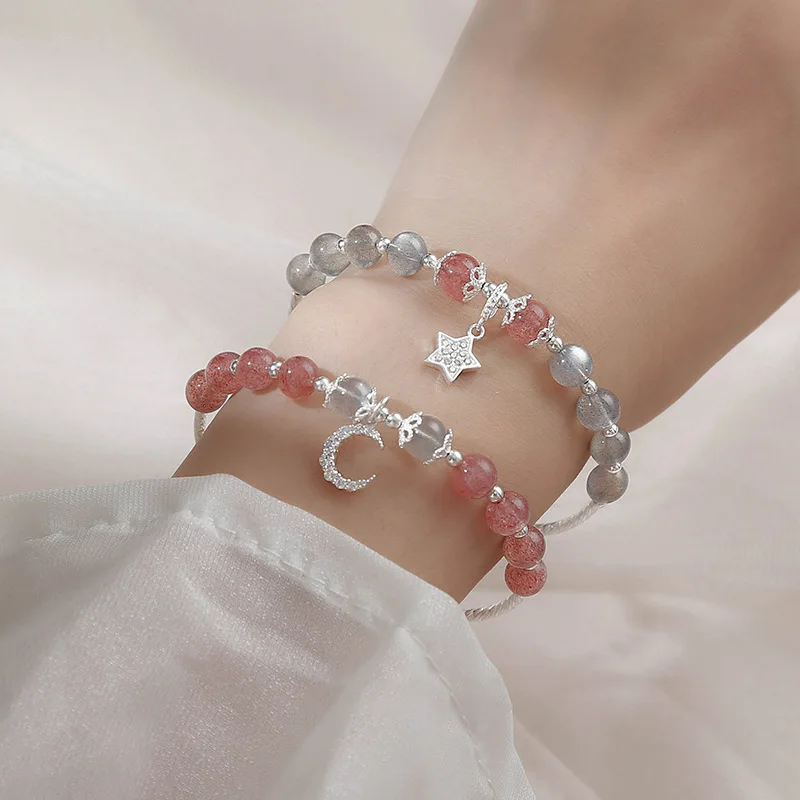 

16.5+2cm New 925 Silver Pink Grey Moon Star Strawberry Adjustable Chain Bracelet For Woman Girl Fashion Jewelry Gift Dropship