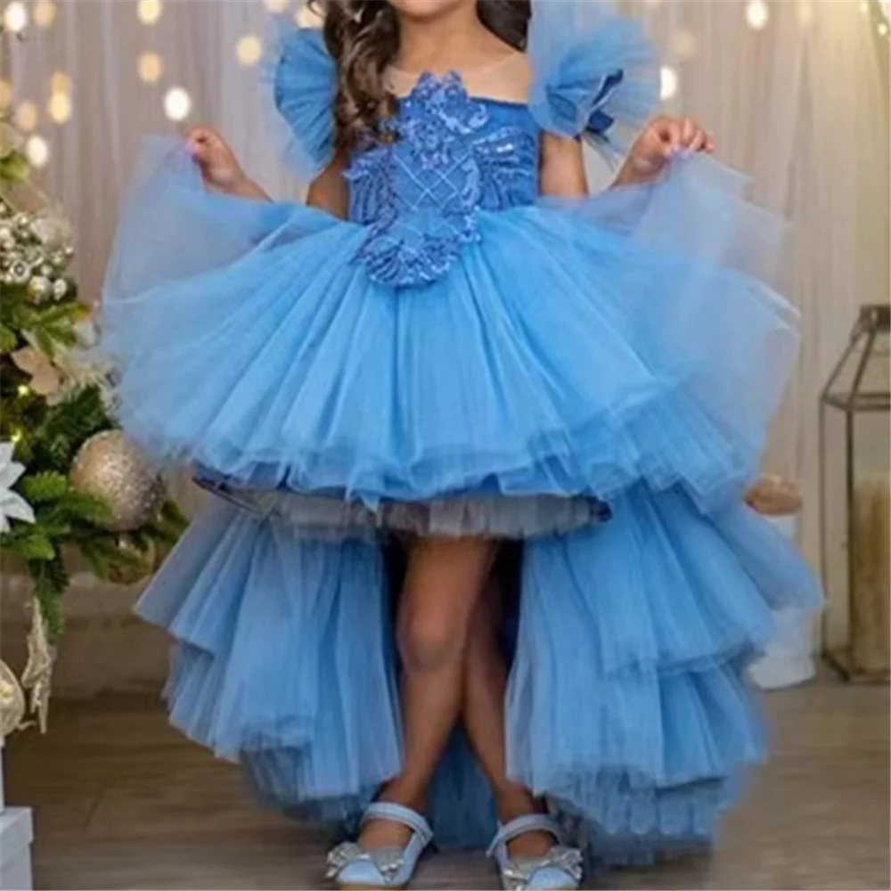 

Blue Sleeveless Fluffy Tulle Lace Layered Flower Girl Dress Princess Ball First Communion Dresses Kids Surprise Birthday Present