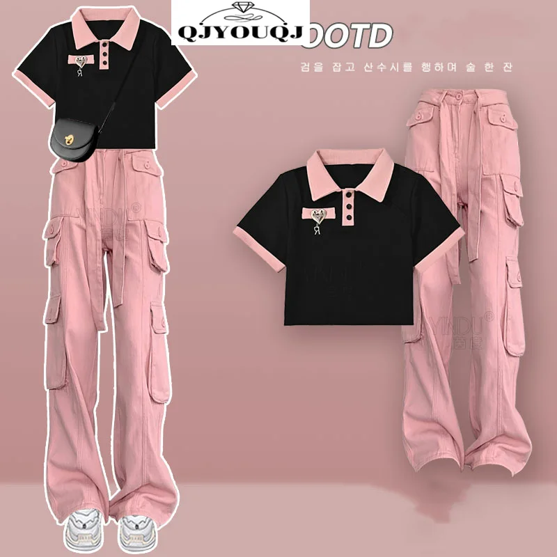 

Spring/Summer Fashion Women's Set Korean Edition Slimming Top Sweet and Spicy High Grade Pink Workwear Two Piece Pants