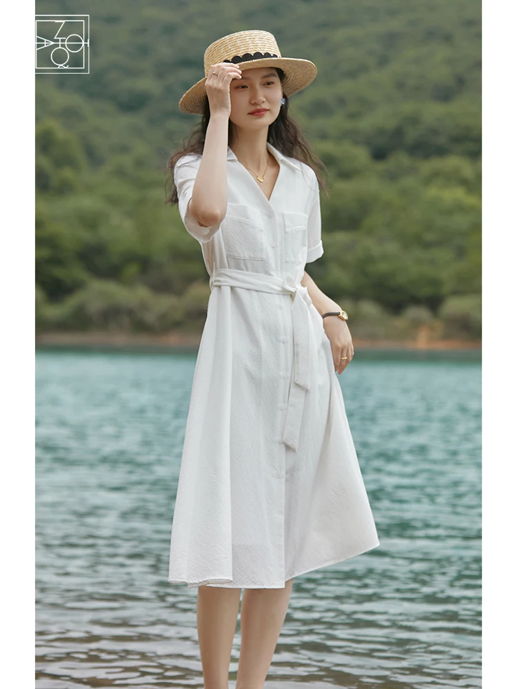 

ZIQIAO Basic Women Dress Temperament High-end White Shirt Dress Summer Office Lady Casual Commute Short Sleeve Female Long Skirt