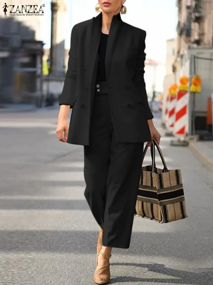

Комплект брюк ZANZEA женский с широкими штанинами, модный элегантный однотонный Блейзер, длинные брюки в офисном стиле, комплект из 2 предметов