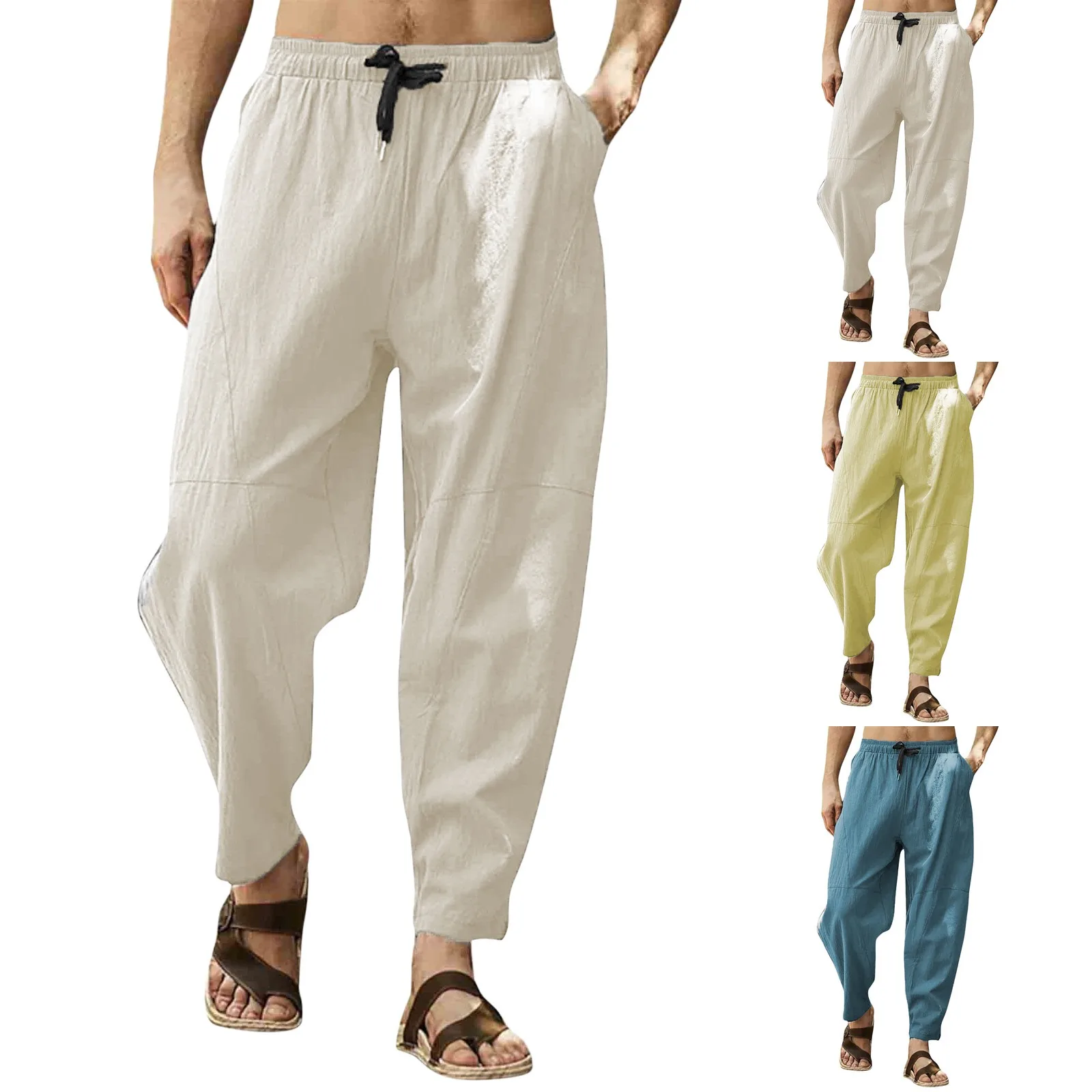 

New Cotton Linen Harem Pants Men Solid Elastic Waist Streetwear Joggers Baggy Drop-crotch Pants Casual Trousers Men