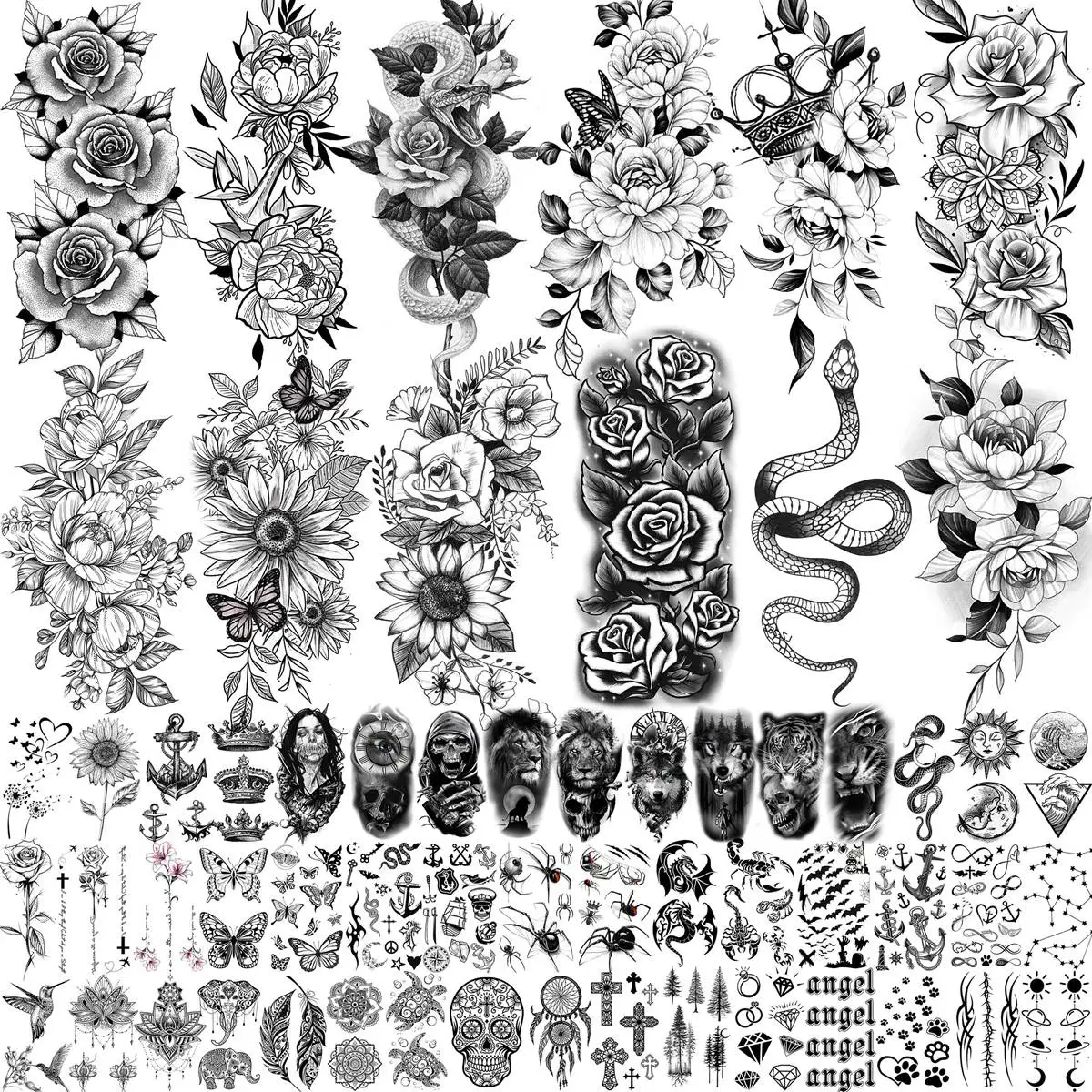 59 Sheets 3D Rose Flower Temporary Tattoos For Women Arm Neck Black Tattoo Sticker Fake Snake Floral Butterfly Tatoos Waterproof 
59 Sheets 3D Rose Flower Temporary Tattoos For Women Arm Neck Black Tattoo Sticker Fake Snake Floral Butterfly Tatoos Waterproof