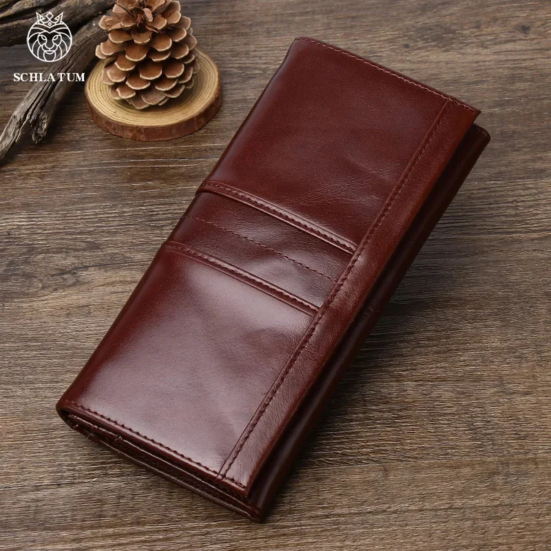

SCHLATUM Brand Cowhide RFID Anti-theft Brush Money Men's Long Genuine Leather Mobile Phone Bag 2024 New Men Vertical Wallet