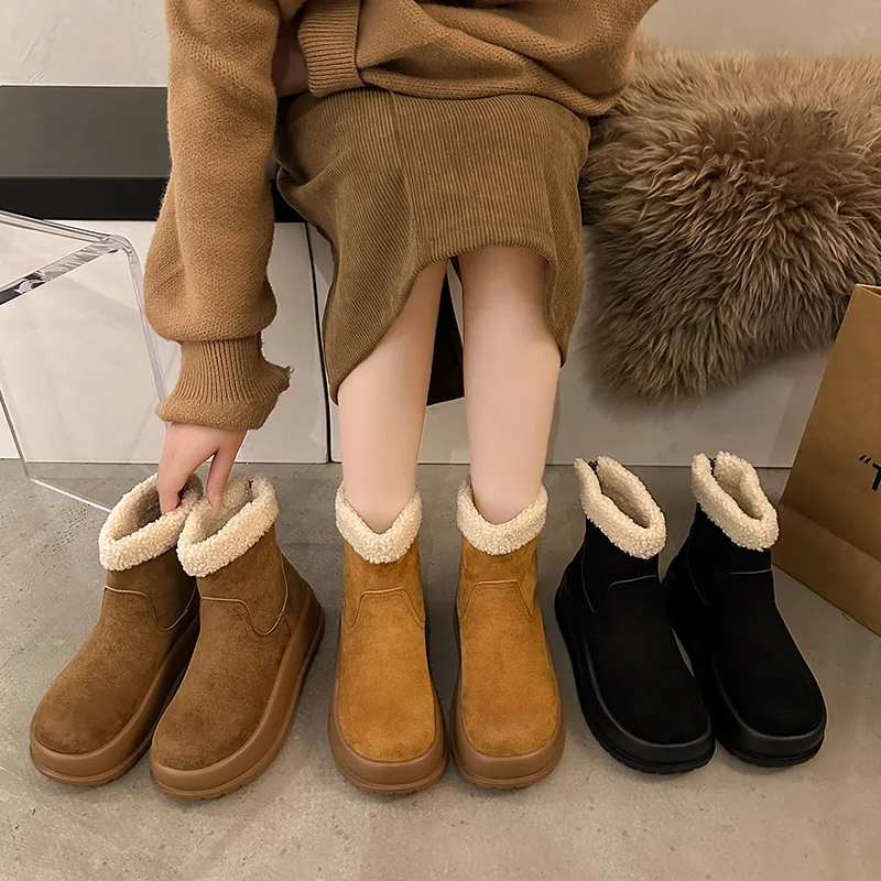 

Ботинки, зимняя обувь, австралийские ботинки на плоской подошве с круглым носком, женские ботинки на среднем каблуке 2023 года в стиле «лолита» для снега, женская простая обувь из флока без застежек, La
