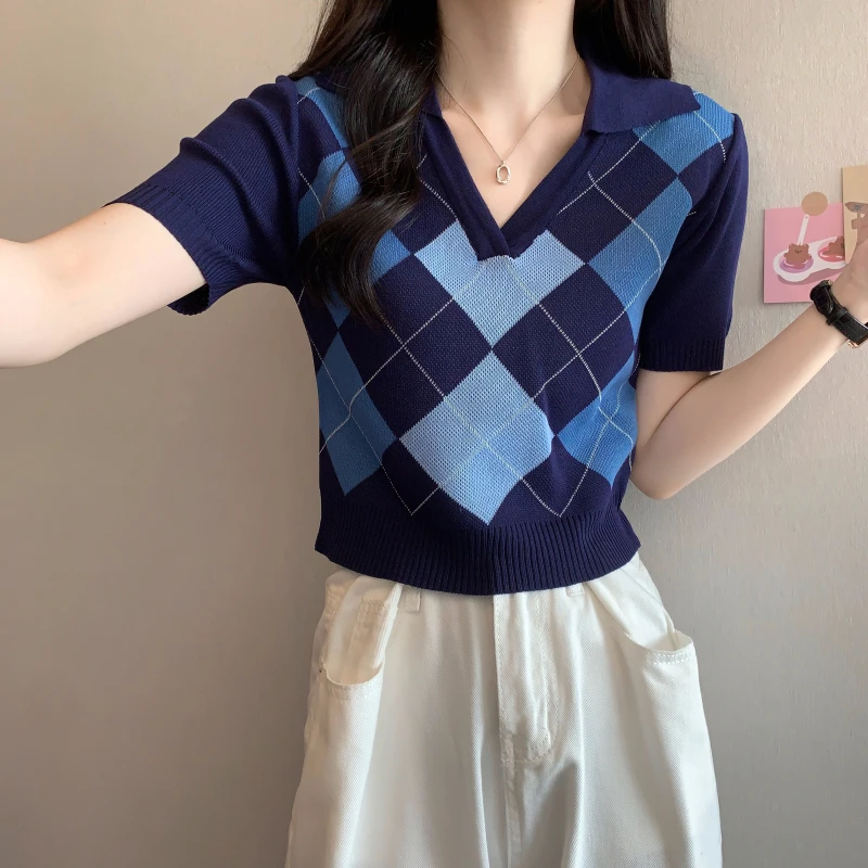 Vintage V Neck Knitted Crop Top Women Plaid Short Sleeve Knit T-Shirts Summer Girls Thin TShirt Pullover
Vintage V Neck Knitted Crop Top Women Plaid Short Sleeve Knit T-Shirts Summer Girls Thin TShirt Pullover