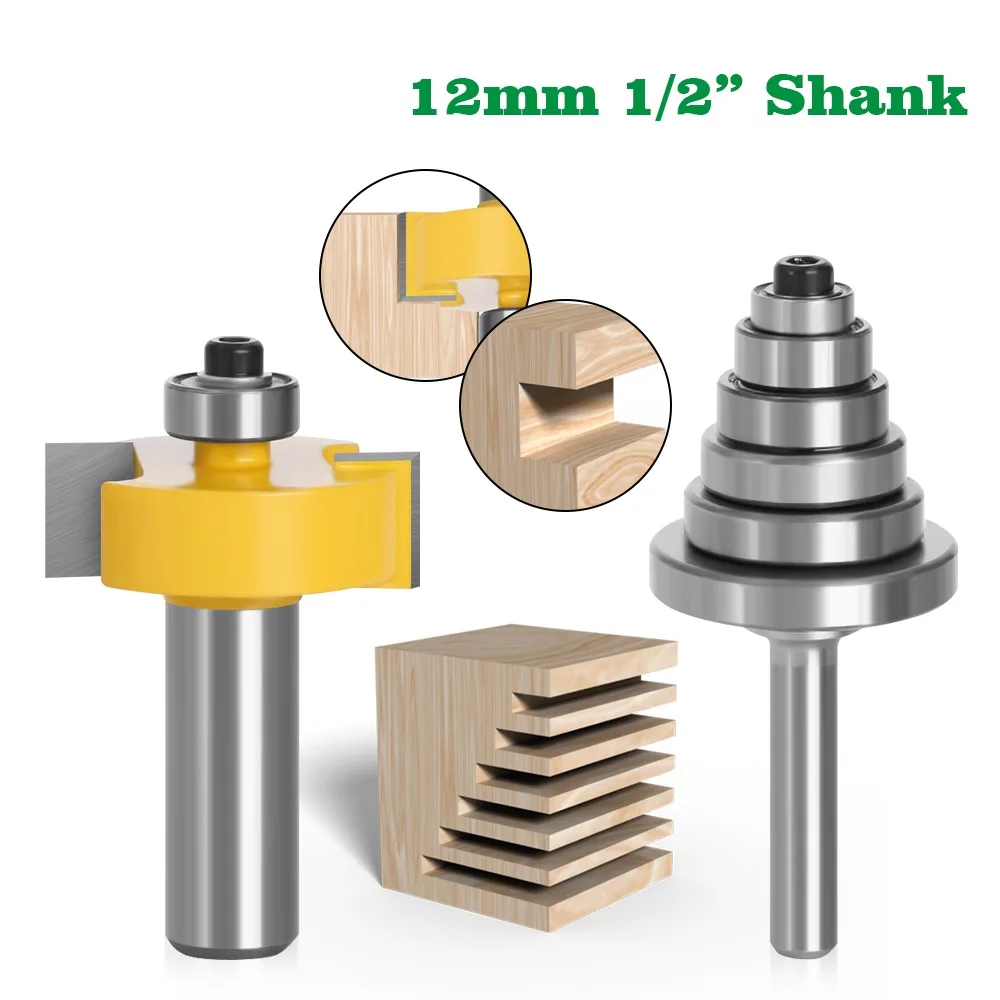 

2PC 12mm 1/2 Shank Rabbet T Type Router Bit with 6 Adjustable Bearings Rabbeting Tenon Milling Cutter for Wood Woodworking