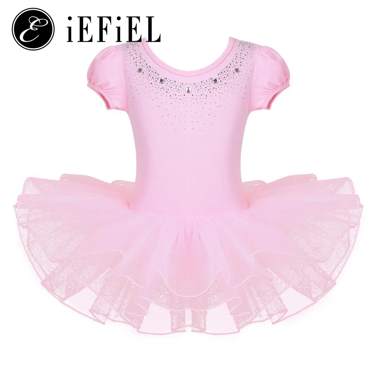 

Kids Girls Sparkly Rhinestones Short Bubble Sleeves Ballet Dance Tutu Dress Gymnastics Leotard Lyrical Ballerina Dancewear