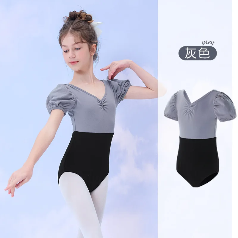 

Girls patckwork dance bodysuit Ballet costumes kids puff sleeve Gymnastics Practice clothing Ballet Performance dancewear