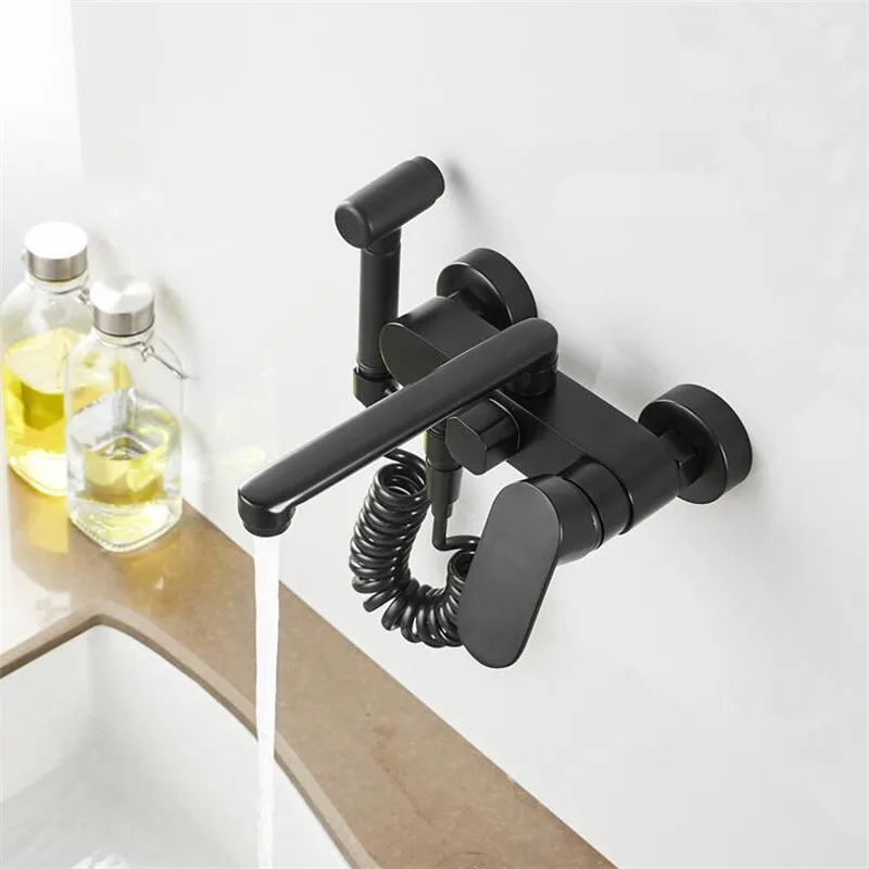 

Kitchen Sink Faucets Brass Sink Mixer Taps Hot & Cold Wall Mounted With Spray Gun Rotatable Mop Pool Water Crane Vessel Black