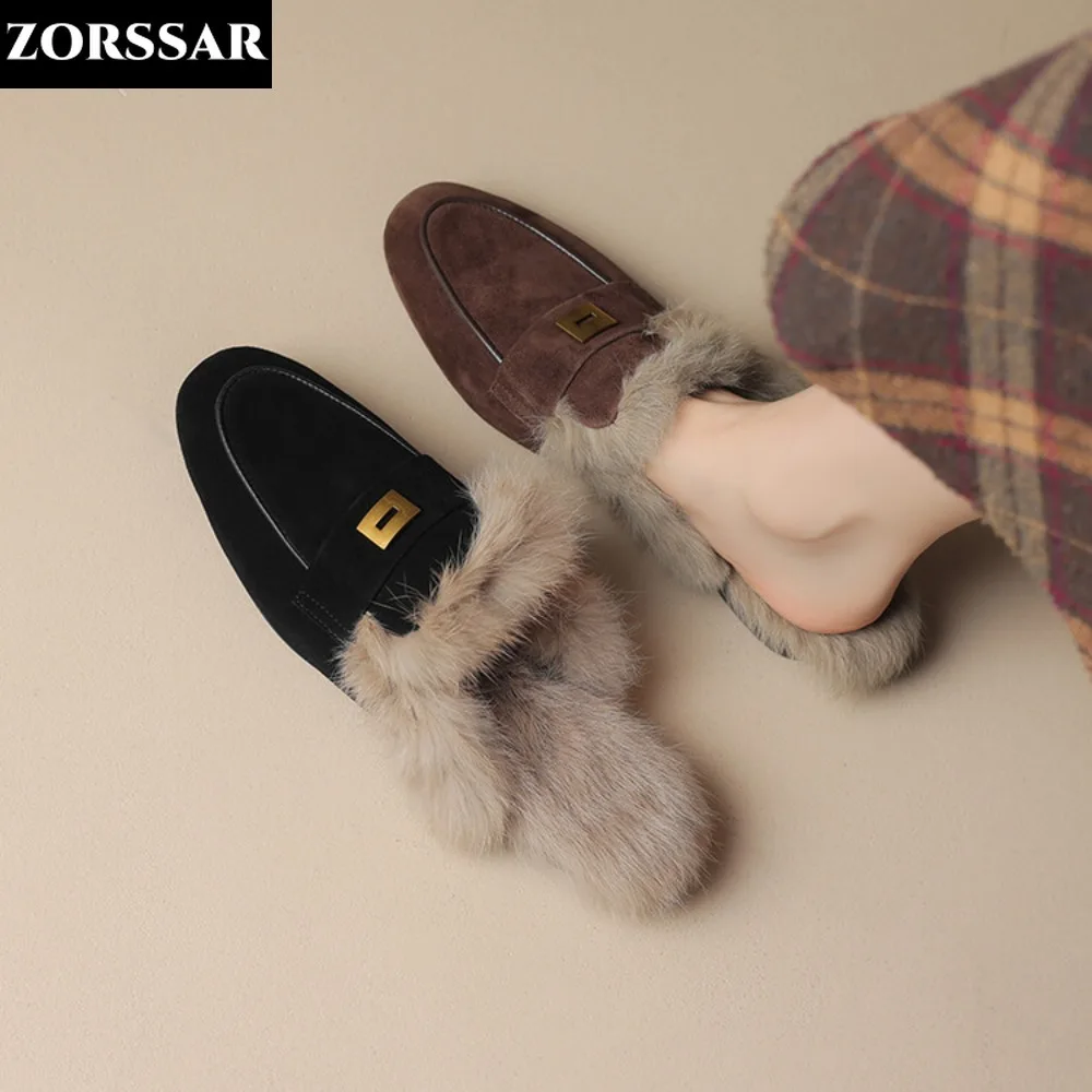 

Winter Shoes Women Suede Rabbit Hair Mules Slipper Fashion Solid Color Closed Toe Fur Slippers Casual Outside Furry Warm Slides