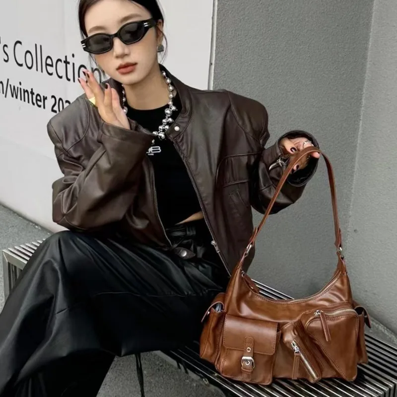 

Retro motorcycle niche design handbag with large capacity multiple pockets concave design single shoulder diagonal cross bag