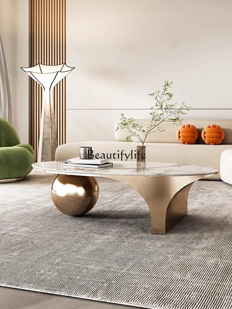 

Living Room Coffee Table High-End Elegant Light Luxury Italian Minimalist Stainless Steel Oval Stone Plate Coffee Table