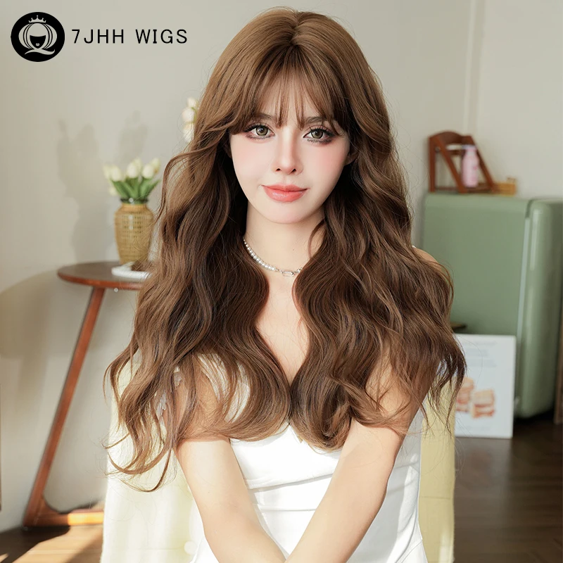 

7JHH WIGS Honey Blonde Synthetic Body Wavy Hair Wig with Bangs High Density Fashion Loose Brown Wig for Women Beginner Friendly