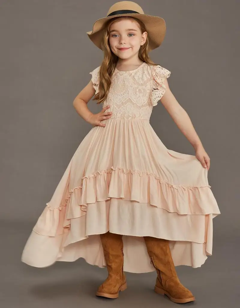 

Summer New Little Flying Sleeves Girls' Ruffle Edge Trailer Dress Lace Solid Fashion School Graduation Party Evening Dress