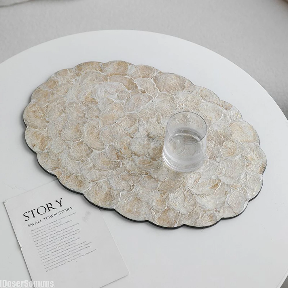 

Light Luxury Natural Shell Tray Dining Table Insulating Mat Desktop Organizer Flower Trimmed Decorative Placemat Gift for Friend